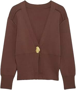 Women Front Gold Button Knit Cardigan V Neck Long Sleeve Sweater