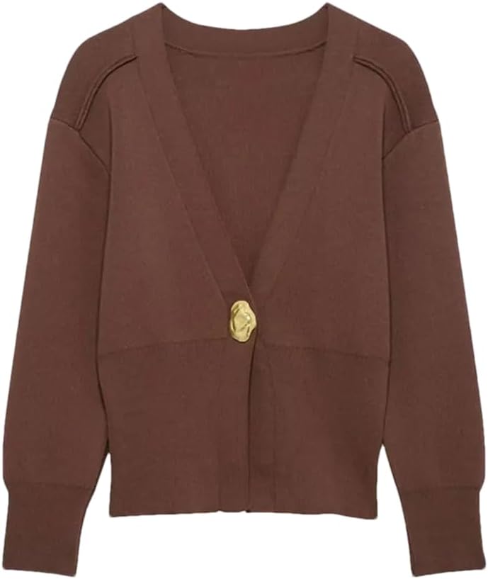 Women Front Gold Button Knit Cardigan V Neck Long Sleeve Sweater