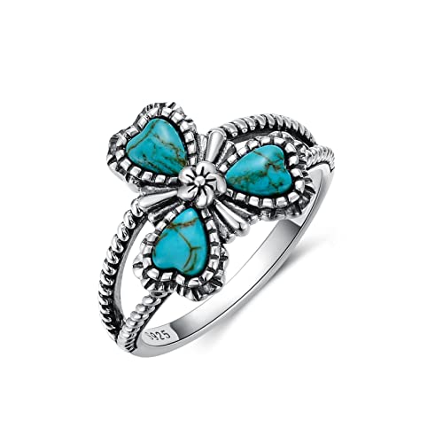 Bague en argent sterling 925 avec trèfle turquoise et cœurs en joaillerie