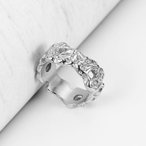HZMAN Irregular Potholed Ring for Men Women Peculiar Stainless Steel Silver Ring Biker Wedding Cocktail Party Jewelry3