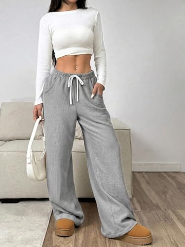 Image of Women's Trendy Korean Trouser with Pockets, Casual Corduroy Stretchable Baggy Loose || High Rise Elastic Waist Going Out Lounge Pants || Wide Leg Pants for Woman