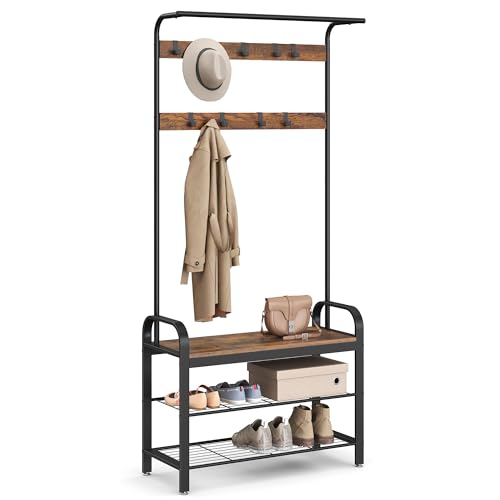 VASAGLE Coat Rack, Hall Tree with Shoe Bench for Entryway, Entryway Bench with Coat Rack, 4-in-1, with 9 Removable Hooks, a Hanging Rod, 13.3 x 33.1 x