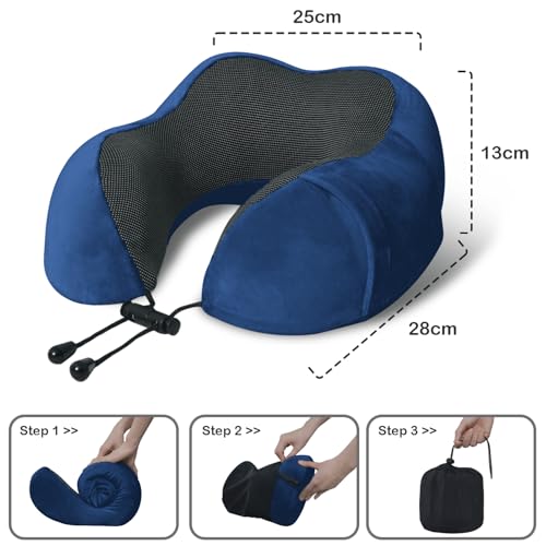 Image of Travel Pillow, Memory Foam Neck Pillow for Traveling, U Shape Neck Pillow Airplane Portable Flight Pillow Travel Kit with 3D Contoured Eye Masks and Earplugs for Plane Train Car Home Office - Blue