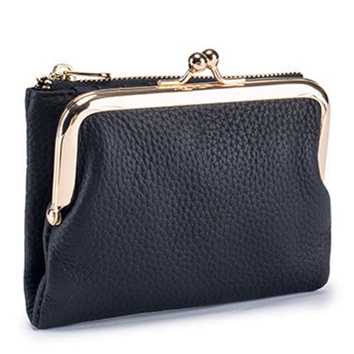 Portefeuille en cuir véritable pour femme noir avec fermoir clic