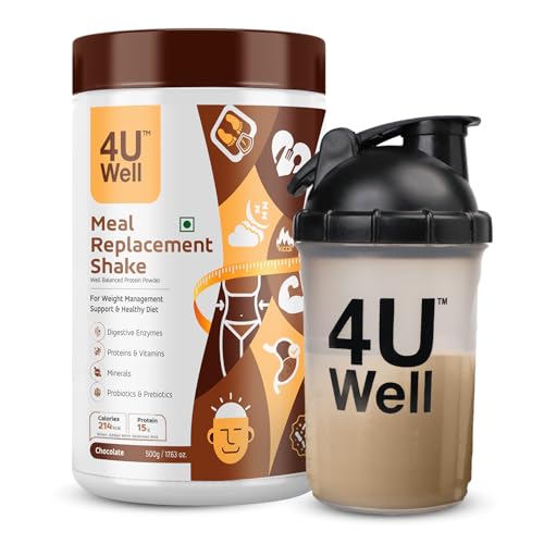 Image of 4UWell Meal Replacement Shake for Weight Management & Control | Chocolate Flavour with Free Shaker | 18 Vitamins & Minerals | Boosts Energy & Metabolism - 500g