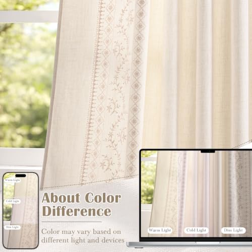 Image of Yinhua Boho Kitchen Curtains 36 Inch Length Beige Embroidered Floral Cafe Curtains, Farmhouse Light Filtering Kitchen Window Curtain Rod Pocket Short Tier Curtains for Windows, 26 inch W x 36 inch L, 2 Panels