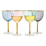 Art Deco Colored Crystal Wine Glass Set of 4, Large 18oz Stemmed Glasses Vibrant Vintage Glasses for White & Red, Water, Margarita Glasses, Gift Idea, Color Glassware - Gilded Rim and Gold Stem