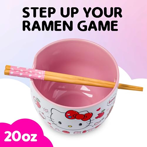 Image of Silver Buffalo Sanrio Hello Kitty Apples and Hearts Doodles Ceramic Ramen Noodle Rice Bowl with Chopsticks, Microwave Safe, 20 Ounces