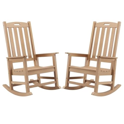 Psilvam Patio Rocking Chairs Set of 2, Poly Lumber Porch Rocker with High Back, 350Lbs Support Rocking Chairs for Both Outdoor and Indoor, Poly Rocker Chair Looks Like Real Wood (Teak Color)