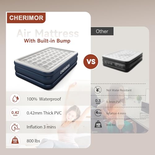 CHERIMOR Air Mattress Queen with Built in Pump, 18 inch High Thicken Sturdy Inflatable Mattress for Guests & Home, 3 Mins Inflatable, Waterproof Blow up Mattress with Carry Bag, Air Bed for Camping - Thumbnail 4