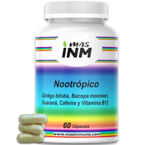 Nootrópico Natural con Ginkgo Biloba y Bacopa Monnieri – 60 Cápsulas – con Guaraná, Cafeína y Vitamina B12 – Pastillas Memoria y Concentración, Apoya el Sistema Nervioso - Sin aditivos