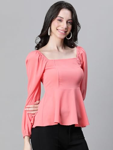 Image of Women Solid Round Neck Elasticated Polka Print Long Sleeve Top