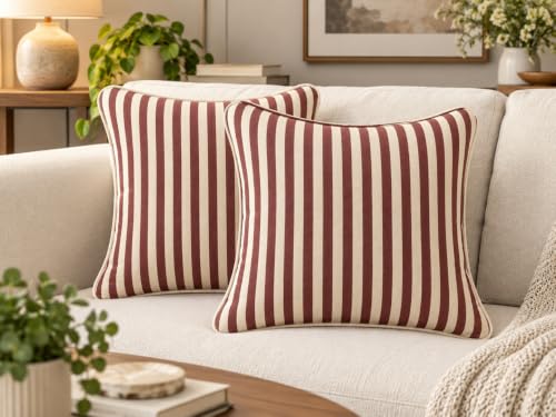 Image of 100% Cotton - Wine /Maroon Stripes Cushion Covers Set of 5 (16 x 16 inches) - Cushion Covers for Sofa & Living Room Decor