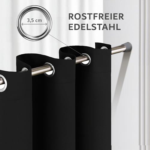 Cozyor Praktisches Set ohne Bohren: 2X Vorhang + 1x Klemmstange Silber 111-200 cm + 2X Raffhalter mit Magnet Blickdicht & verdunkelnd, als Raumteiler, Fenster & Tür Schwarz Thermovorhang 220x135cm