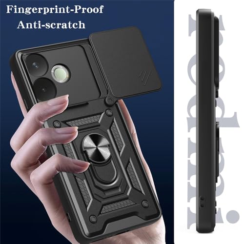 Image of Casodon Heavy Duty Back Case Cover for Oppo A5 Pro 5G, Shockproof Oppo A5 Pro Back Cover, Ring Case with Kickstand and Camera Protection Shutter - Black