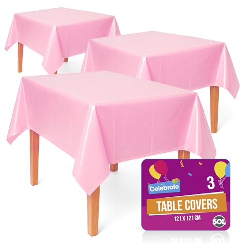 SOL 3pk Solid Lovely Pink Table Cloth Party 121x121cm Christmas Decorations Wipe Clean Plastic Cover Disposable for Parties Heavy Duty Spill Protection - Birthdays Weddings Buffets Catering