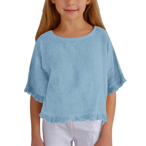 Toddler Girls Short Sleeve Ruffled Shirts 2025 Kids Trendy Cotton Linen Tops Youth Girl Cute Crewneck Summer Clothes Blouse