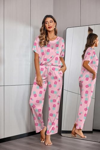 Image of Ekouaer Womens Satin Silky Pajama Set Short Sleeve Shirt with Long Pajama Pant Set Soft PJ Loungewear