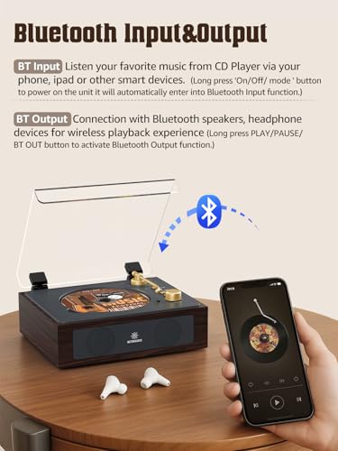 Image of CD Player with Built-in Speakers Bluetooth Retro Portable CD Players for Home Music Player with Remote Control Headphone Jack Walnut Brown