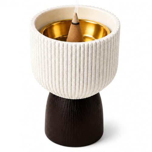 ECVV Ceramic Bakhoor Burner with Wooden Base Modern Mabkhara Incense Burner with Stainless Steel Tongs Heat Resistant Oud Burner for Bakhoor Frankincense Resin & Home Fragrance (White & Brown)