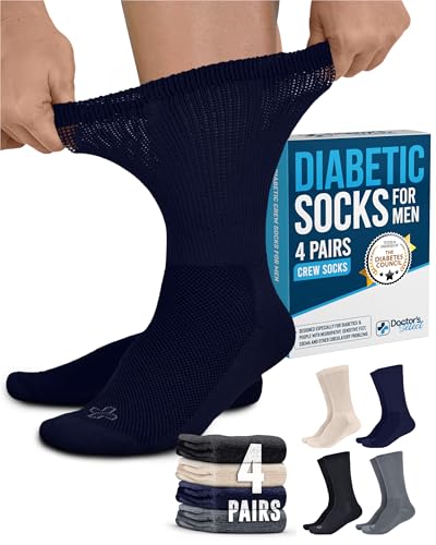 Doctor's Select Diabetic Socks for Men - 4 Pairs Crew Stretch Top Mens Diabetic Socks for Men 9-12 | Neuropathy | Black, Gray, Beige, Navy