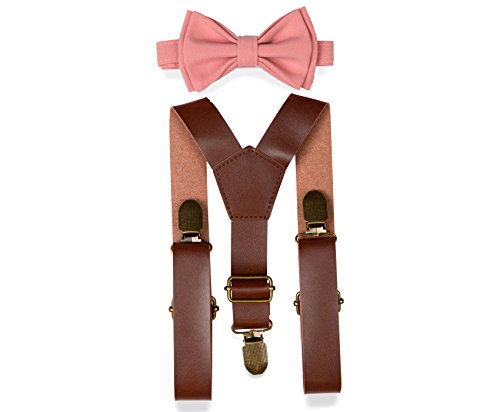 Brown PU Leather Suspenders Bow Tie Combo for Baby Toddler Boy Men (Baby (6-18 mo), Brown Leather Suspenders, Dusty Rose Bow Tie)