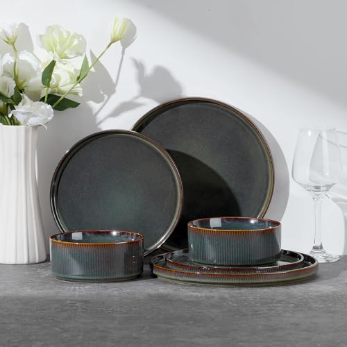 Image of E-far Stoneware Dinnerware Sets for 2, 6-Piece Plates and Bowls Sets, Chip & Scratch Resistant Ribbed Dish Set for Home Restaurant, Microwave & Dishwasher Safe, Blackish Green
