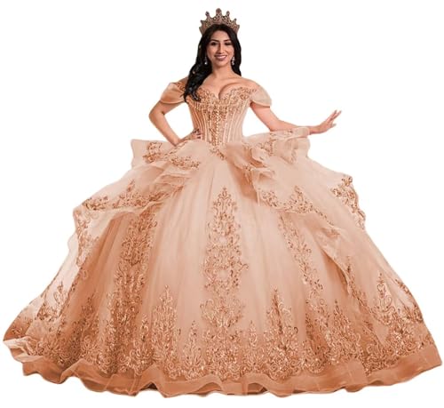 TRHTX Off Shoulder Ruffle Rose Gold Quince Dress Tulle Layered Vestidos De 15 Años Quinceañera with Appliques Puffy Sweetheart Sweet 16 Dresses Size 0