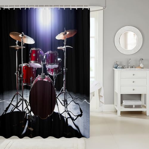 Image of Drum Kit Shower Curtain for Girls Boys Children Rock Music Themed Bathroom Shower Curtain Set Decorative Musical Pattern Drum Set Bath Curtain Popstar Party Waterproof Bathroom Curtains 72x78 Inch