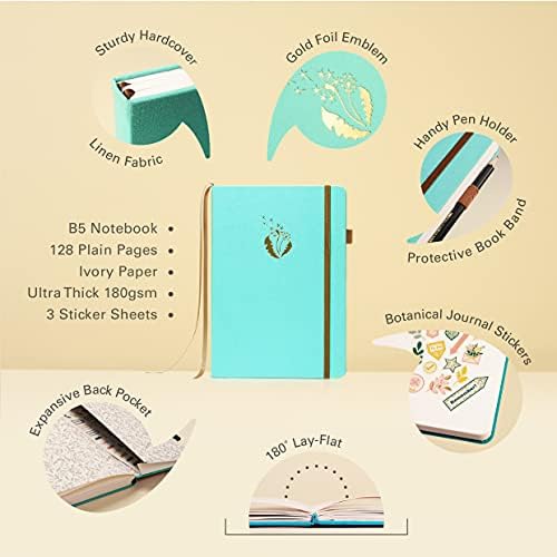 Ottergami B5 Large Art Notebook. Blank Journal. 180gsm Plain Paper Sketch Pad. Accessories Include Scribble Test Page, Elastic Enclosure, Pen Holder, Back Pocket & Stickers. The Botanical