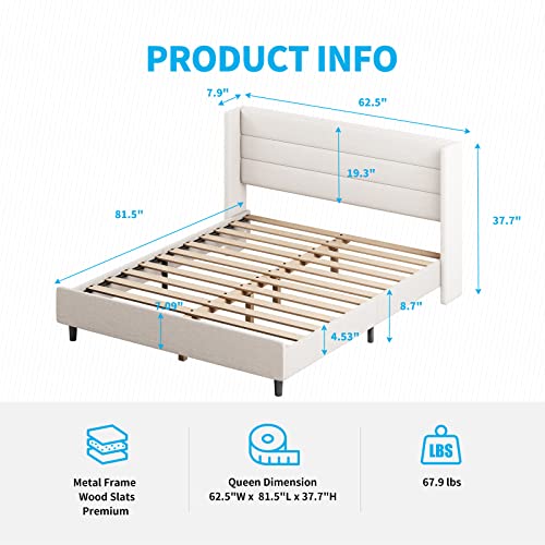 Mjkone Queen Wood Platform Bed Frame With Upholstered Headboard And Strong Wooden Slats | Strong Weight Capacity | No Box Spring Needed | Easy Assembly(Beige) #TOP1
