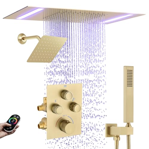 Sistema de grifería con cabezal de ducha dual de lluvia 14x20 pulgadas con LED, apoyo de techo, cabezal de pared de 6 pulgadas y ducha de mano miniatura 1