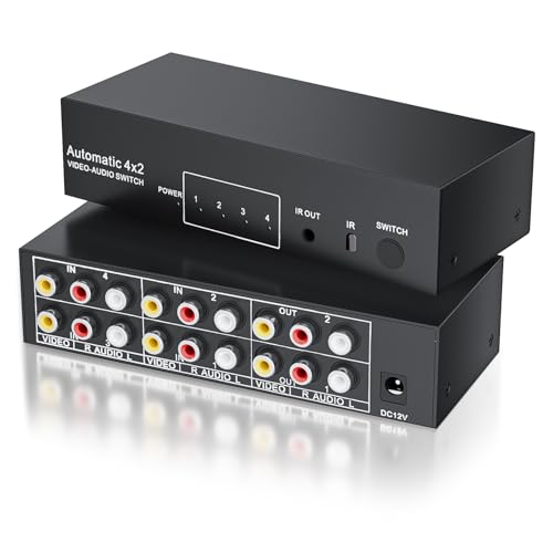 BolAAzuL RCA Switch Splitter 4 in 2 Out - Composite Video L/R Audio Selector Box 4X2, 4-Way RCA Switcher - 4 Port AV Splitter Selector Switch - for Wii PS2 Xbox DVD STB HDTV