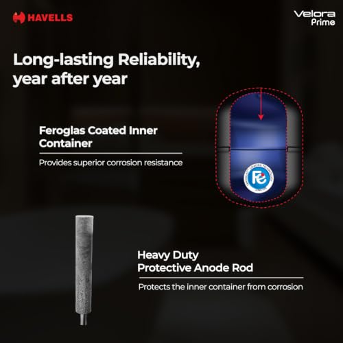 Image of Havells Velora Prime 10L Storage Water Heater(Geyser)|Faster Heating|Safer to use|Saves electricity |Engineered for Hard Water|Feroglas Coated Anti Rust Tank|Mcoloy Heating Element|7 Yr Tank Warranty