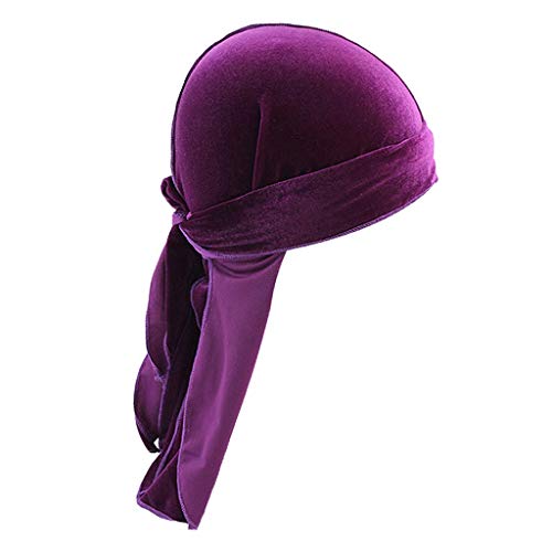 zalati Durag Cap Headwear Pirate Head Wraps Velvet Long Tail Plain Bandana Turban Hat for Women Men Purple zalati Durag Cap Headwear Pirate Head Wraps Velvet Long Tail Plain Bandana Turban Hat for Women Men Purple