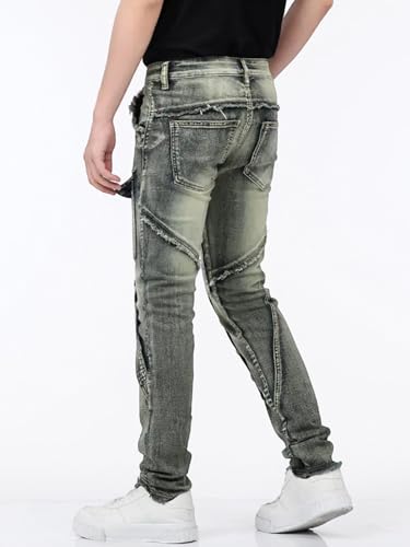 Men's Skinny Jeans Slim Fit Stretch Distressed Denim Pants Stacked Vintage Yellow Straight Jeans for Streetwear, Skateboard2