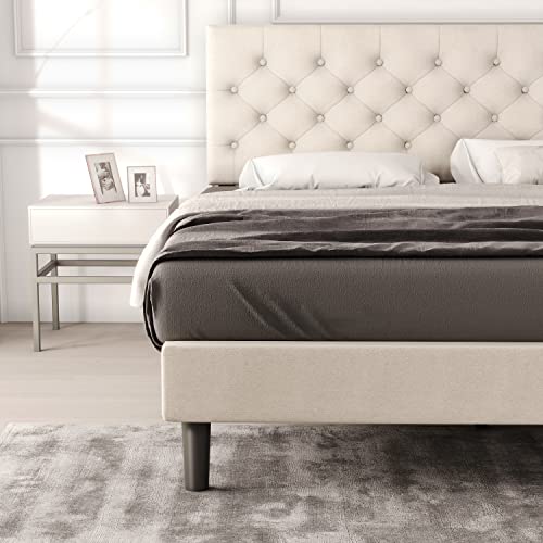 Catrimown Queen Size Upholstered Linen Platform Bed Frame With Button Tufted Headboard, Strong Wood Slat Support, Mattress Foundation, No Box Spring Needed, Easy Assembly, Beige #TOP5