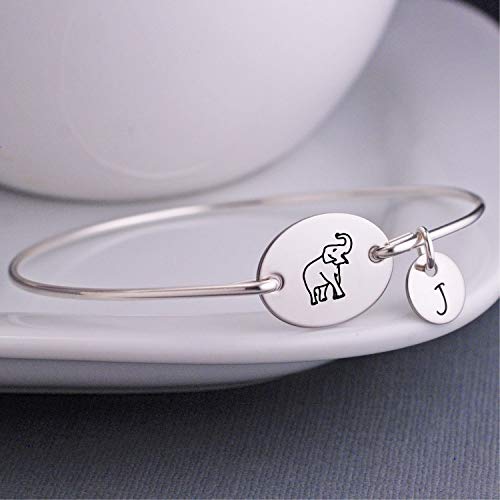 Sterling Silver Elephant Bangle Bracelet, Personalized Elephant Jewelry