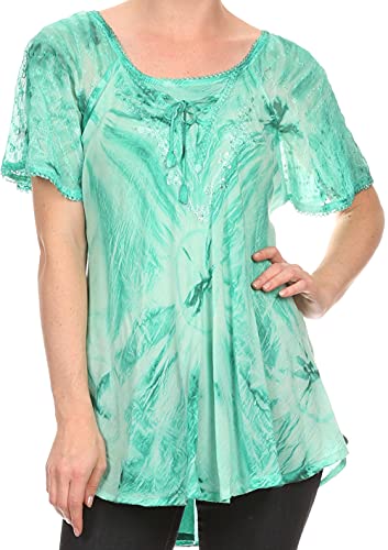 Image of Sakkas Taylay Ombre Tie Dye Batik Long Embroidered Corset Neck Blouse Shirt Top