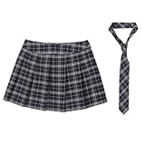 YiZYiF Womens Plaid Pleated Mini Skater Skirt with Necktie High Waisted School Skirt Outfits Navy Blue Small