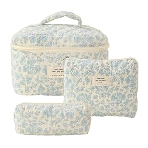 Cute Makeup Bag Aesthetic Floral Quilted Cotton Cosmetic Bag Travel Organizer Toiletry Pouch 3 Pack Set (Blue Floral)