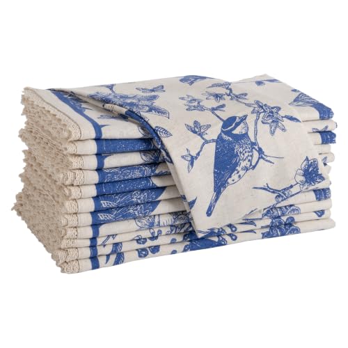 Image of FINGERCRAFT Cloth Napkins Cotton Linen Blend Fabric with Classic Lace 20x20 Inch Set of 12 Table Napkins Durable and Good Absorbency for Framhouse, Home, Hotels, Parties (Toile Blue)