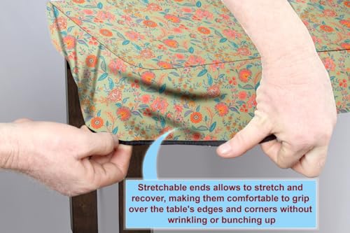 Image of The Furnishing Tree Elastic Cotton Square Dining Table Cover 48x48 in Inches Floral Multicolor on Green Base