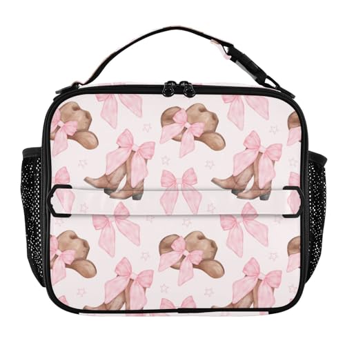 IHCVHQX Lunch Bag for Men Women Cowgirl Hat and Boots Pink Bow Insulated Lunch Box Portable Cooler Bag with Shoulder Straps for Office Travel School