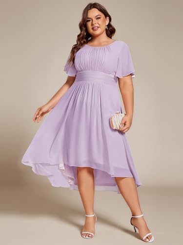 Image of Ever-Pretty Women's Plus Size Formal Wedding Guest Dresses for Curvy Women A Line Chiffon Midi High Low Cocktail Dress