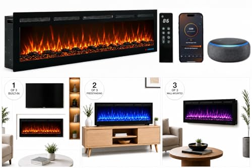 Image of 60 inch Electric Fireplace, Recessed or Wall Mounted, 5.5 inch Deep, 750W /1500W Quartz Heater, WiFi App, Alexa and Google Home, 13 Flame Colors