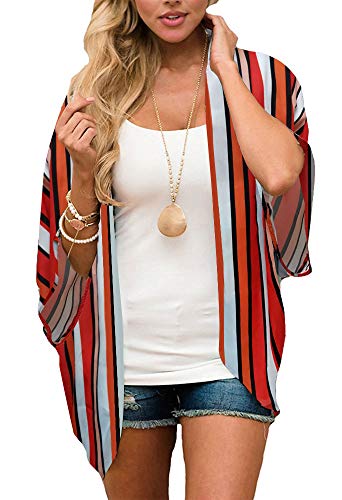Women's Summer Floral Tops Stripe Kimono Cardigan Beach Cover Up Casual Blouse Capes (Orange, XL)