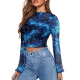 Jndtueit Women's Blue Lightning Flame 70s 80s Lettuce Trim Bell Sleeve Mesh Crop Tee Top Flare Long Sleeve T Shirt Short Sexy Tops Ruffle Flowy Tops for Womens Girls