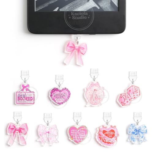 Kaciola 9PCS Charms for Kindle Dust Plug Charm Accessories for E-Reader Type C Charging Port Compatible with Kindle Paperwhite 11th-12th Gifts for Book Lover Readers (Pink Bow)