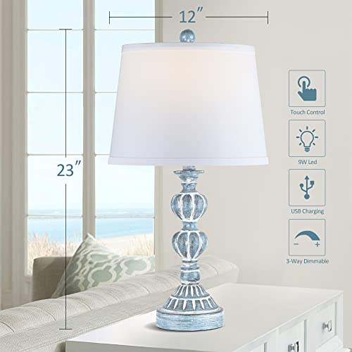 Touch Control Table Lamp Set Of 2, 3-Way Dimmable Bedside Lamps With 2 Usb Charging Ports, Coastal Farmhouse Nightstand Lamp For Living Room, Bedroom - Blue Washed White (2700K Led Bulbs Included) #TOP2